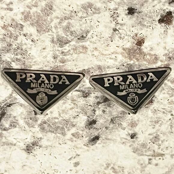PRADA Triangle Logo Stud Earrings – Pierced, Stamped- Black/Silver - Picture 4 of 5